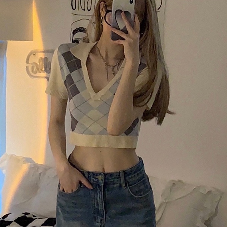 Áo Dệt Kim Ngắn Tay Lưng Cao Thời Trang Quyến Rũ