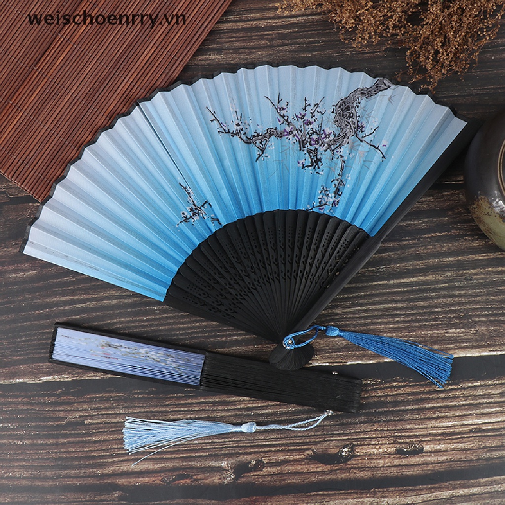 Quạt Xếp Cầm Tay Bằng Tre Và Lụa Họa Tiết Hoa Đào Nhật Bản Ww