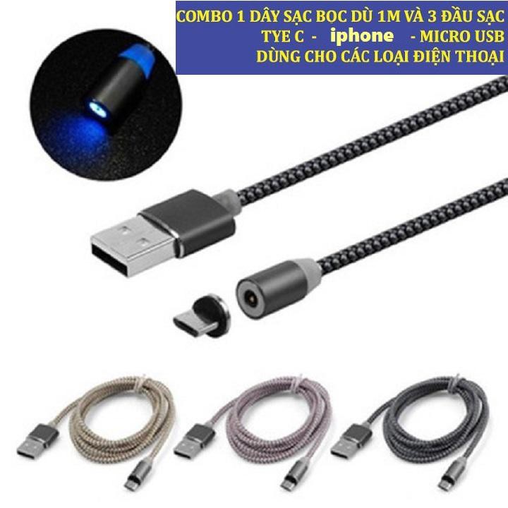 Cáp sạc từ hút nam châm đầu Android và iPhone 360 độ dây dù