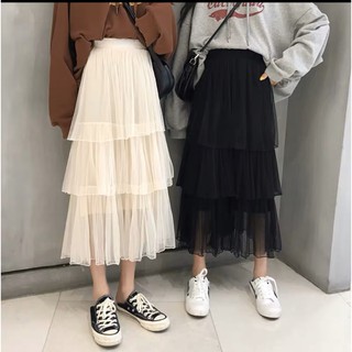 Chân váy dài ba tầng tutu xếp ly màu trơn ulzzang midi CVD02
