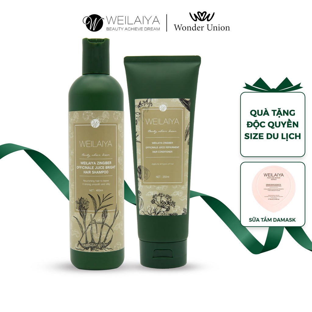 Cặp dầu gội xả tóc thảo dược Weilaiya gừng hà thủ ô giúp dưỡng đen và kích thích mọc tóc