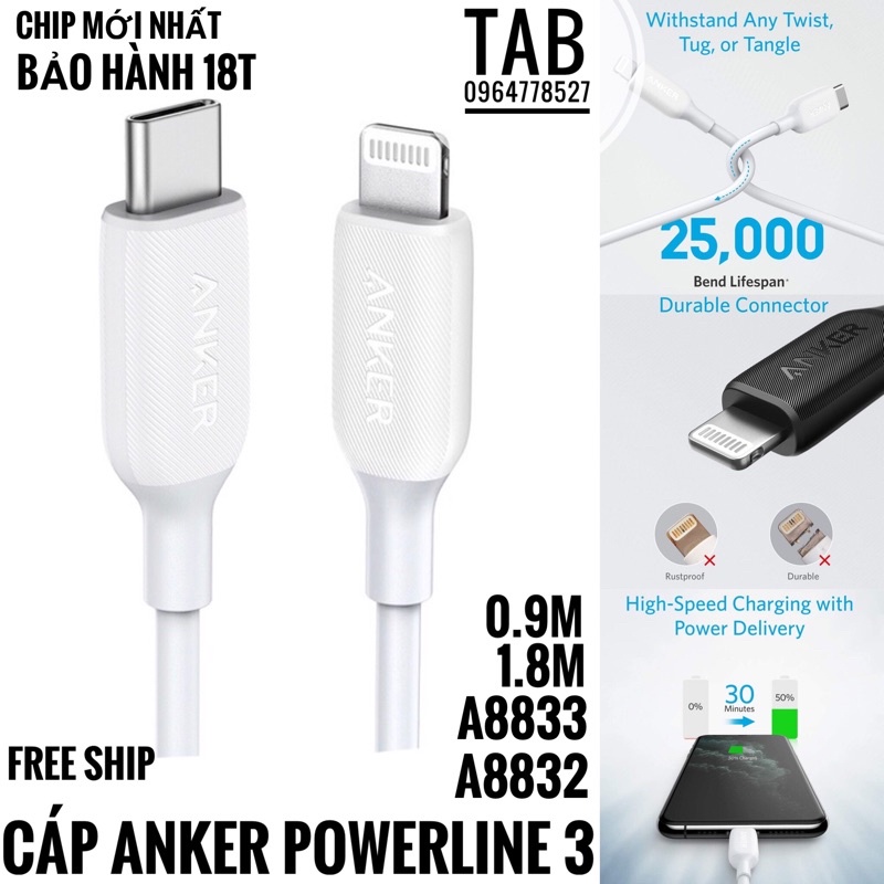 Cáp Anker PowerLine 3 C To L (A8832/A8833) - Bảo Hành 18T