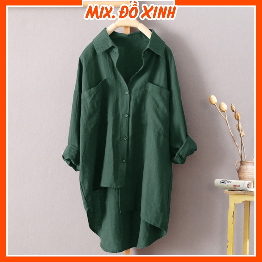 Áo sơ mi bigsize nữ form rộng tà lệch sang chảnh, chất liệu Đũi tơ mềm mát Mix.Đồ Xinh SMH.31