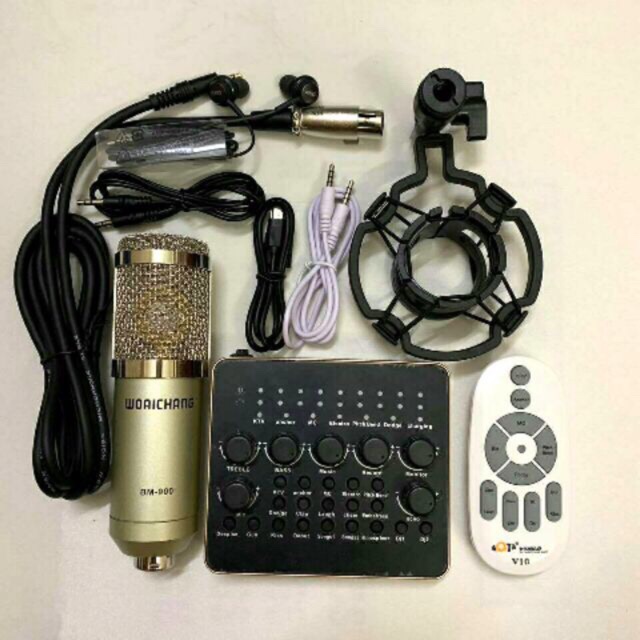 Combo mic hát livestream karaoke V10- BM900- chân kẹp màng lọc- BH 6 tháng