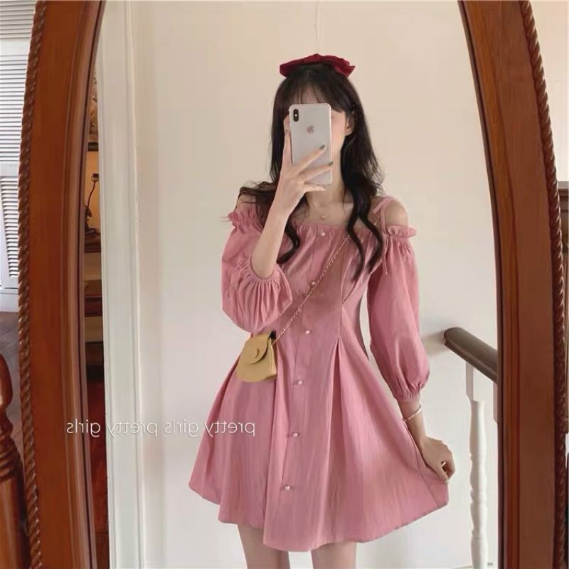 Đầm dây xòe trễ vai hồng xinh xắn dự tiệc,đi chơi