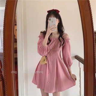 Đầm nữ hai dây xòe trễ vai hồng xinh xắn dự tiệc, đi chơi dưới 55kg A204