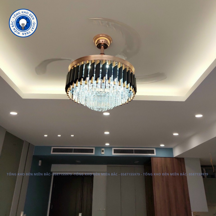 Quạt Trần, Quạt Trần Đèn Pha Lê Vàng Đen Trang Trí Phòng Khách Sang Trọng_BẢO HÀNH 10 NĂM