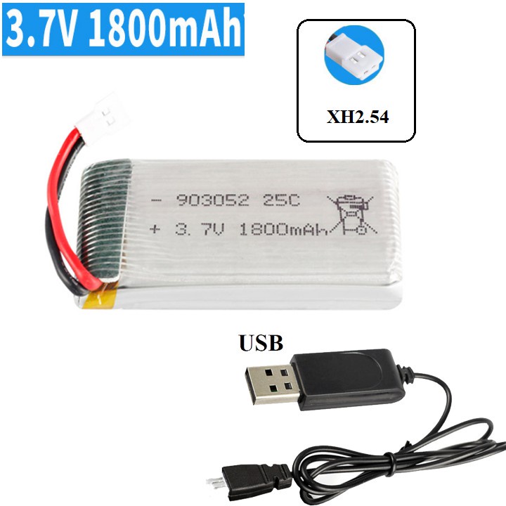 Combo Pin + Cáp Sạc Cho Máy Bay Điều Khiển Từ Xa Dung Lượng Cao 3.7V 1800mah 25C ( Giắc XH2.54 )