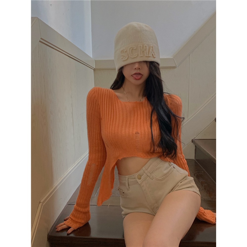 Áo Croptop Dệt Kim Tay Dài Chống Nắng Thiết Kế Thời Trang Cho Nữ