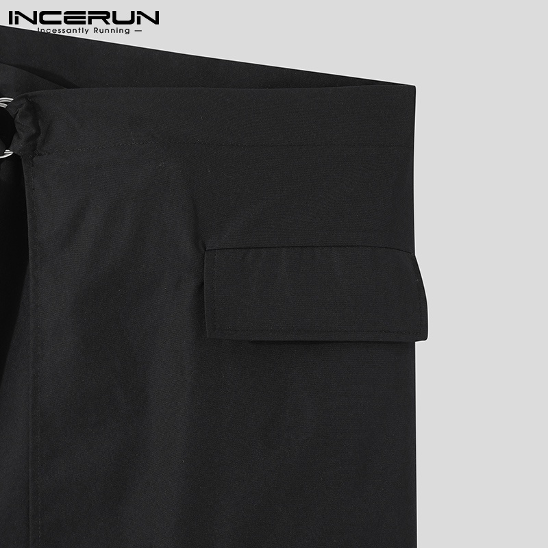 Chân váy INCERUN dài tới gối lưng cao phối dây thắt thời trang màu đen cho nam