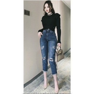 Quần Jeans 9 tấc lưng cao rách vá