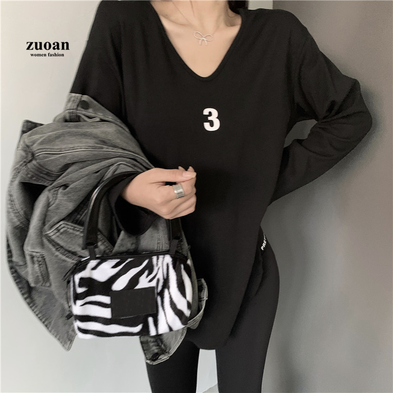 SUXI Áo Thun Cotton Màu Trắng Tay Dài In Họa Tiết Số Thời Trang Cho Nữ