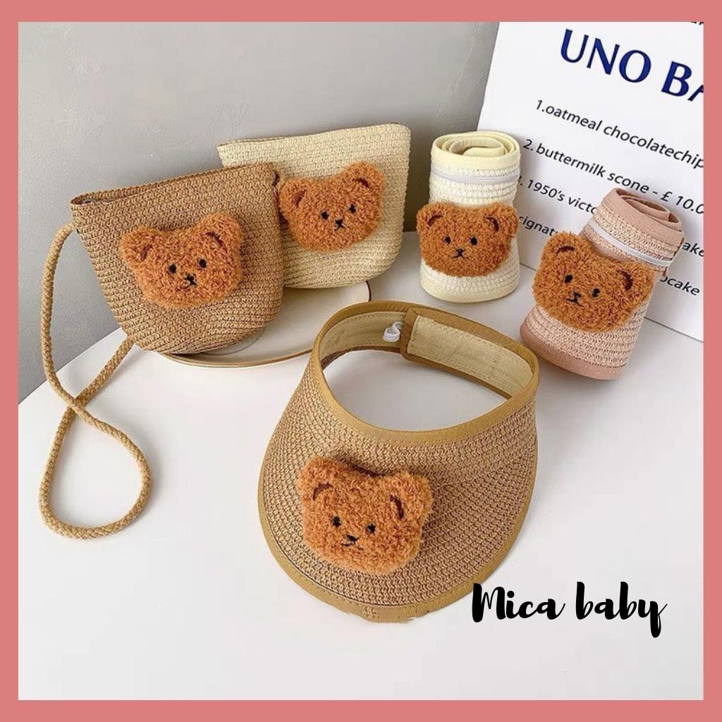Túi cói đeo chéo đính gấu bông xù cực dễ thương cho bé TC10 Mica Baby