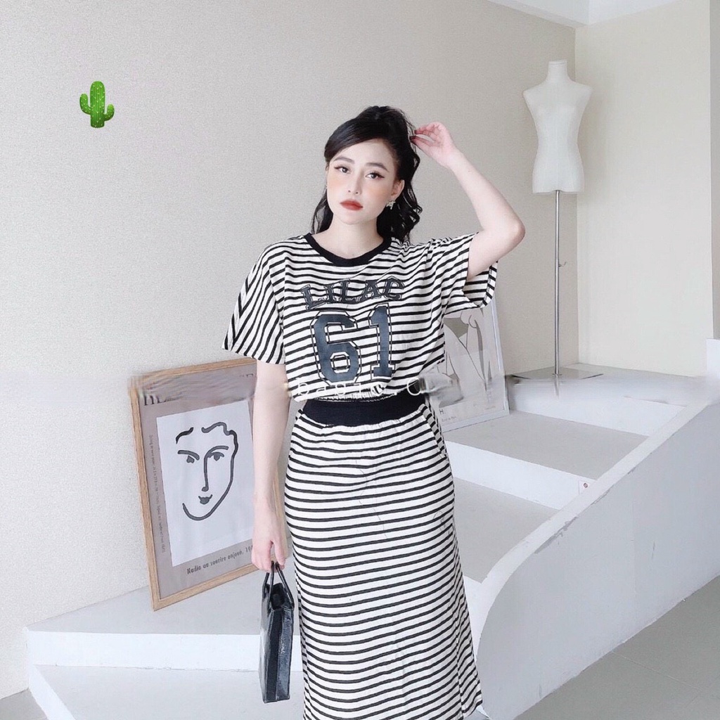 Sét bộ sọc áo thun croptop bo thun bụng in số 61 phối chân váy lửng dài cotton xu thời trang siêu hot TTPK0114