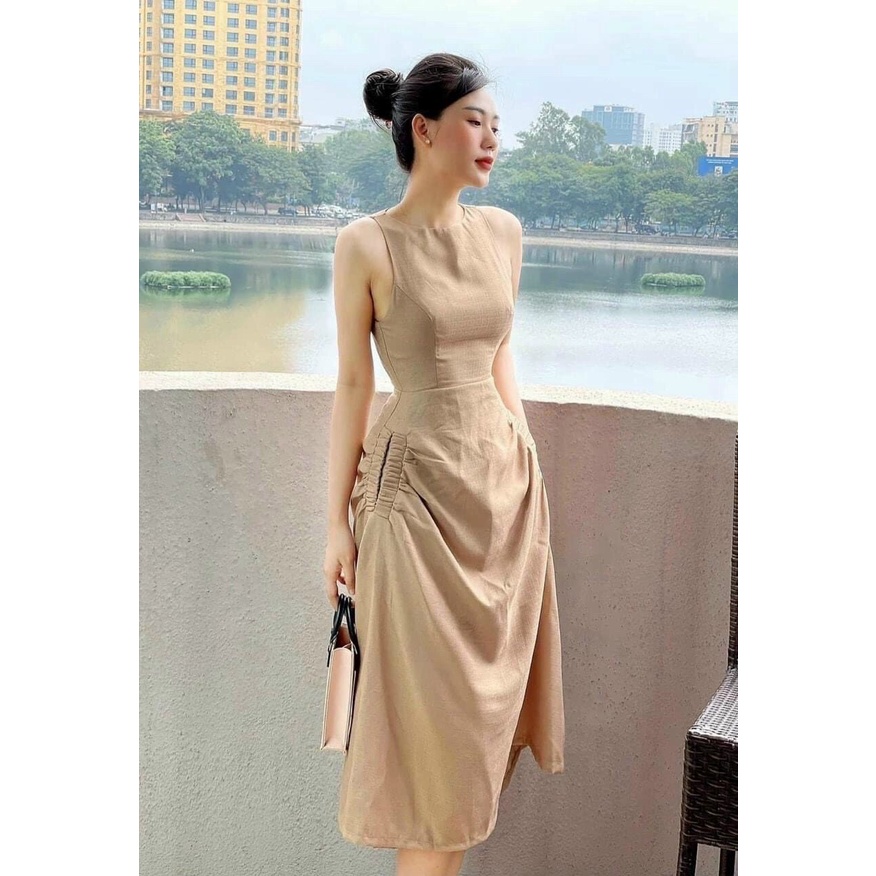 Đầm dự tiệc sang trọng – Đầm chất vải lụa trơn đơn giản cổ tròn không tay có túi