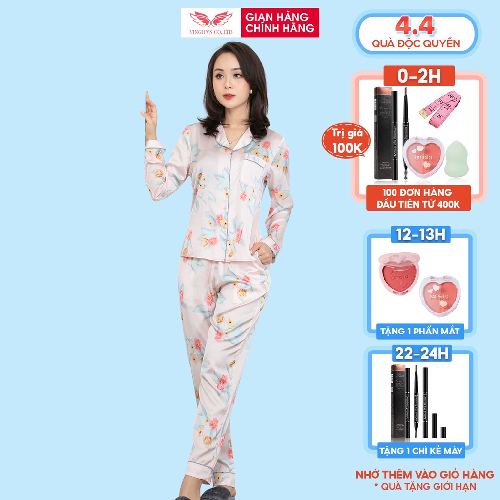 Đồ Bộ Nữ Pijama Mặc Nhà VINGO Chất Liệu Lụa Pháp Cao Cấp Tay Dài Quần Dài Họa Tiết Hoa Hồng Thanh Lịch H525 VNGO