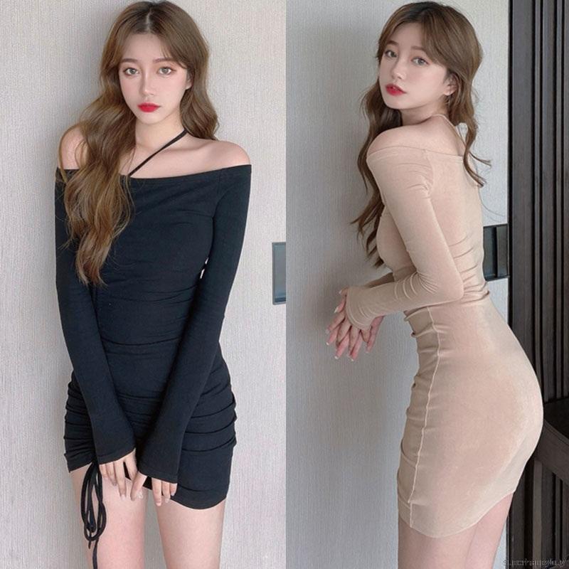 Váy mini ôm dáng tay dài phối dây rút màu trơn gợi cảm cho nữ