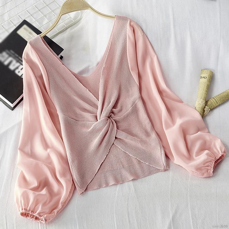 Áo Croptop Dệt Kim Thiết Kế Cổ Chữ V Thời Trang Quyến Rũ Dễ Thương