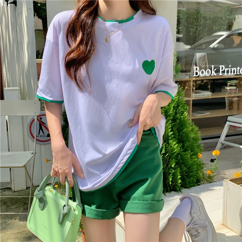 SUXI Summer Embroidery Simple Stitching All-match Street Style Round Neck Loose Casual Short Sleeve T-shirt Women