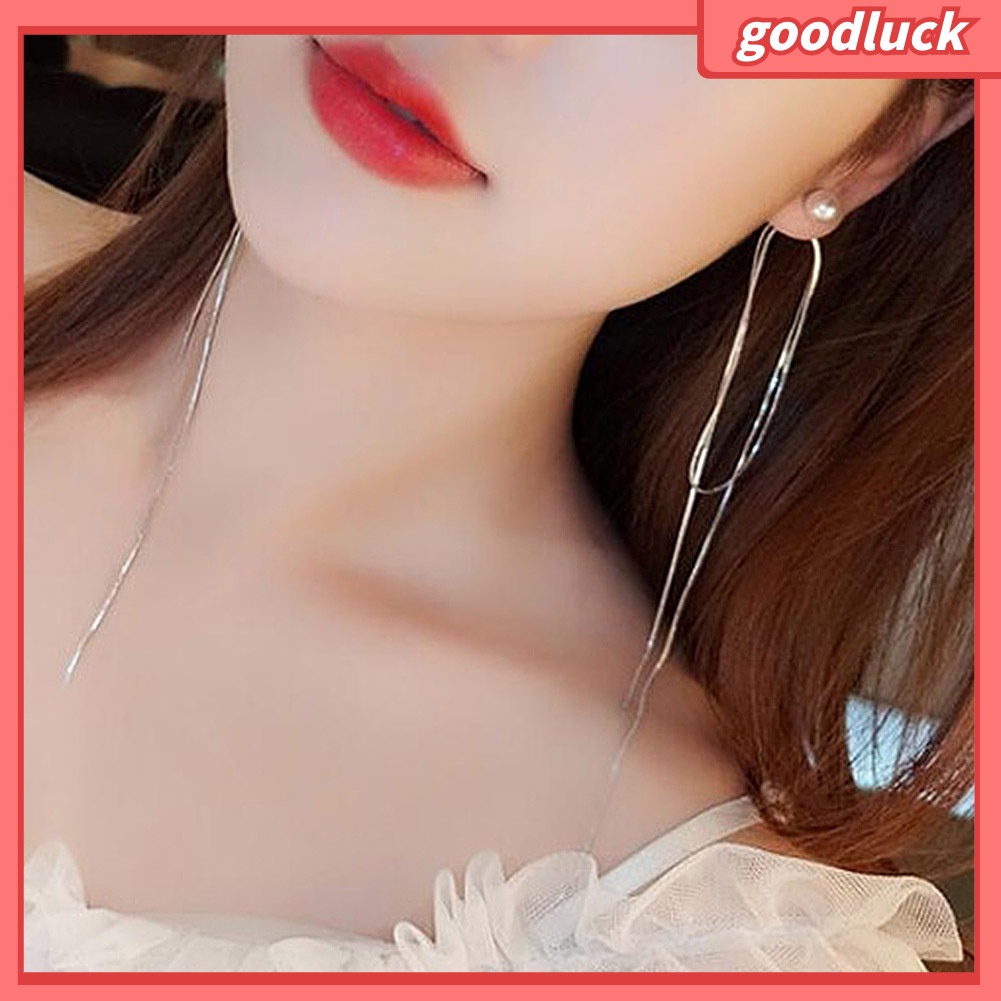 Đôi bông tai dây siêu dài đính đá chiếu và hạt ngọc trai giả dành cho nữ