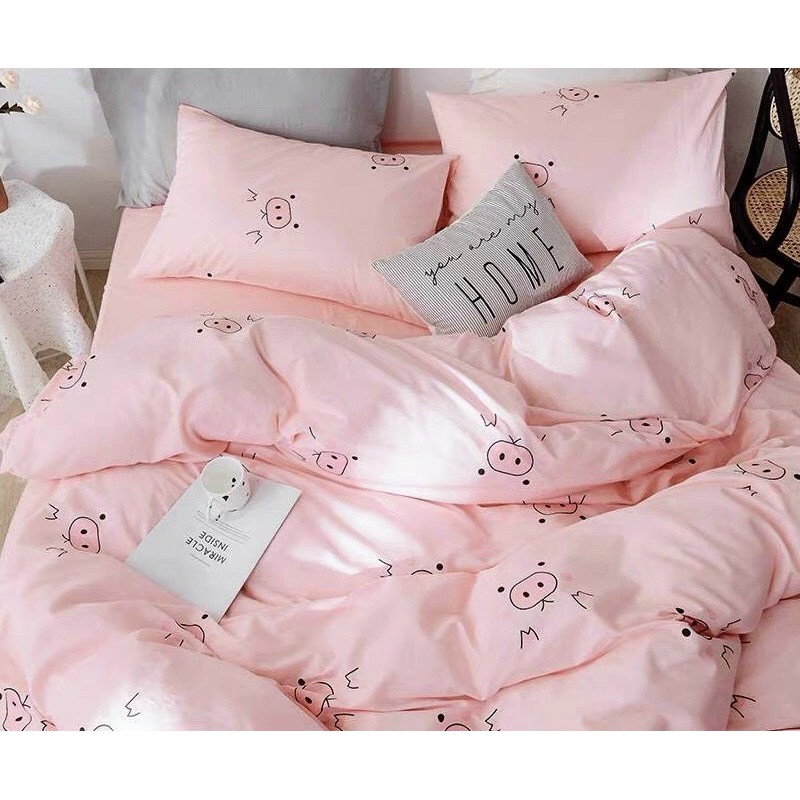 Bộ chăn ga gối Cotton Poly M2T bedding heo hồng, vỏ chăn mền, drap giường và 2 vỏ gối