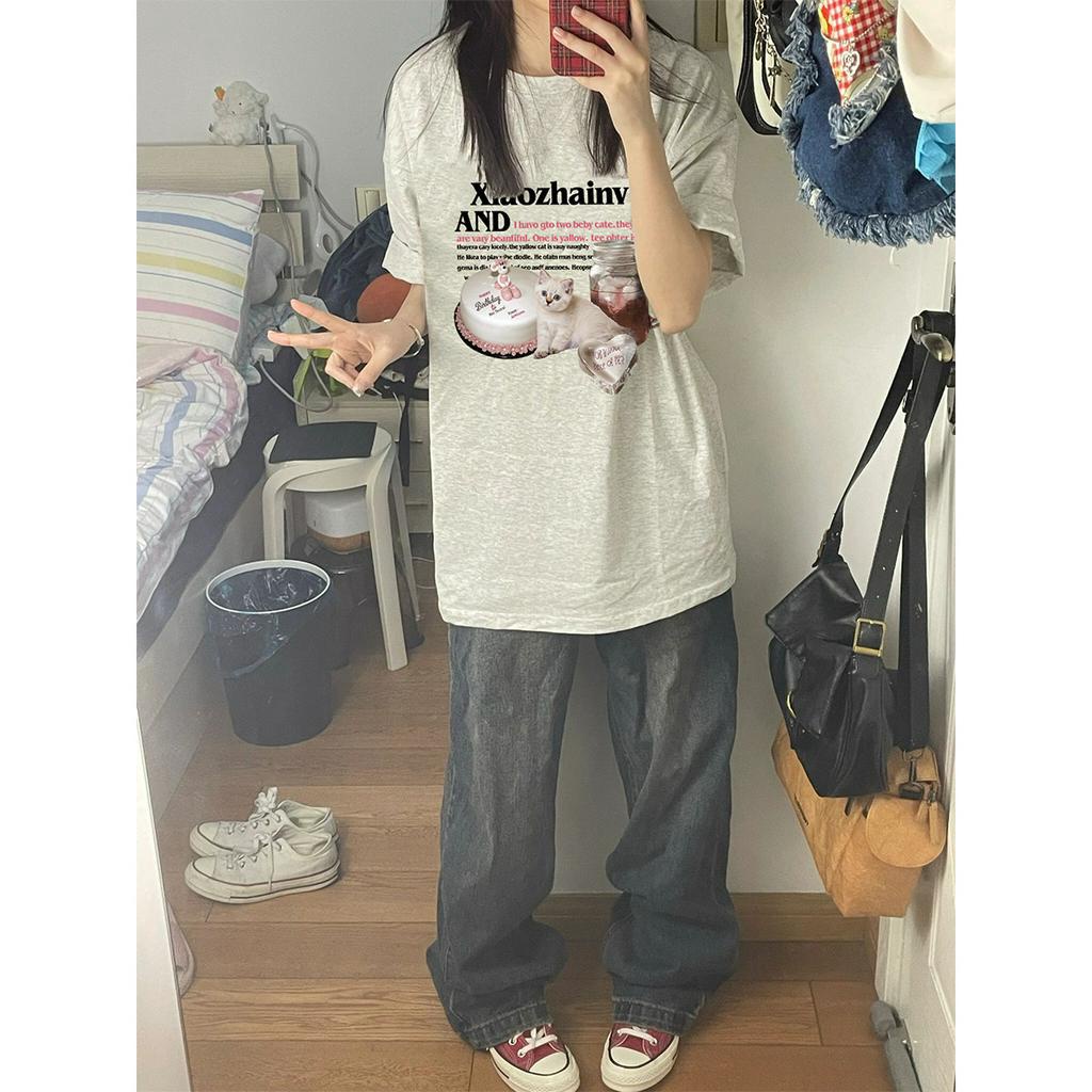 SELVZE Áo Thun cotton Cổ Tròn Dáng Rộng In Họa Tiết Thời Trang Retro
