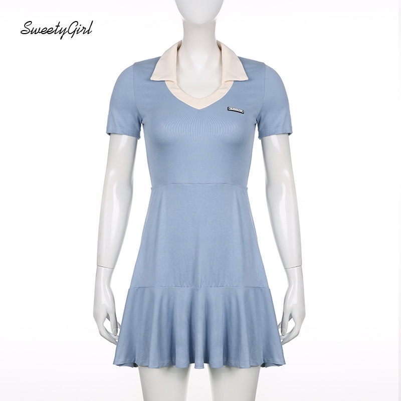 Đầm Ngắn Tay Cổ Chữ V Màu Sắc Tương Phản 2022 Thời Trang Cho Nữ