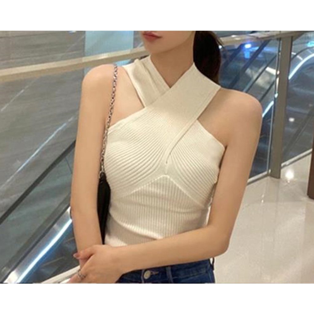 DUNEA Áo Dệt Kim Hai Dây Hở Lưng Đan Dây Chéo Thời Trang Cho Nữ