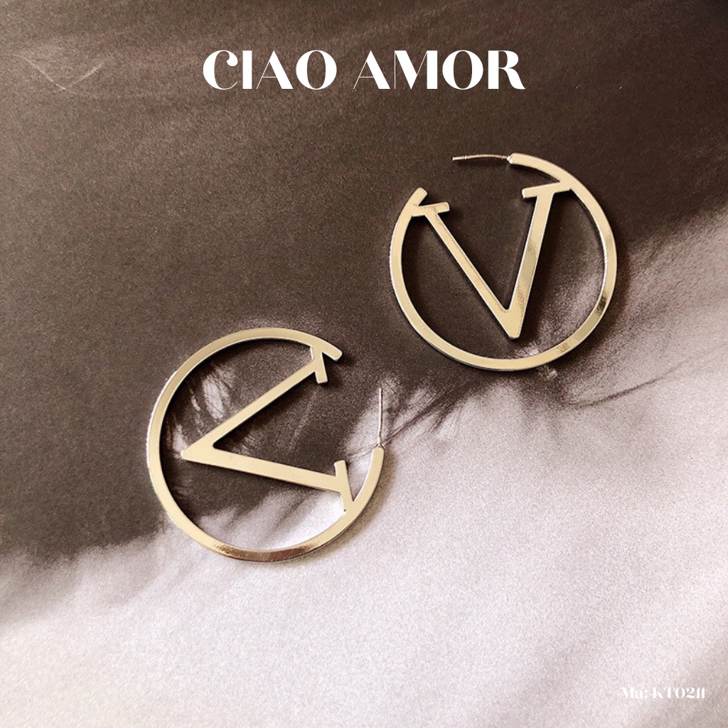 KT0211-Khuyên tai nữ, Hoa tai bạc 925 sang trọng tròn to chữ V Trang sức Ciao Amor
