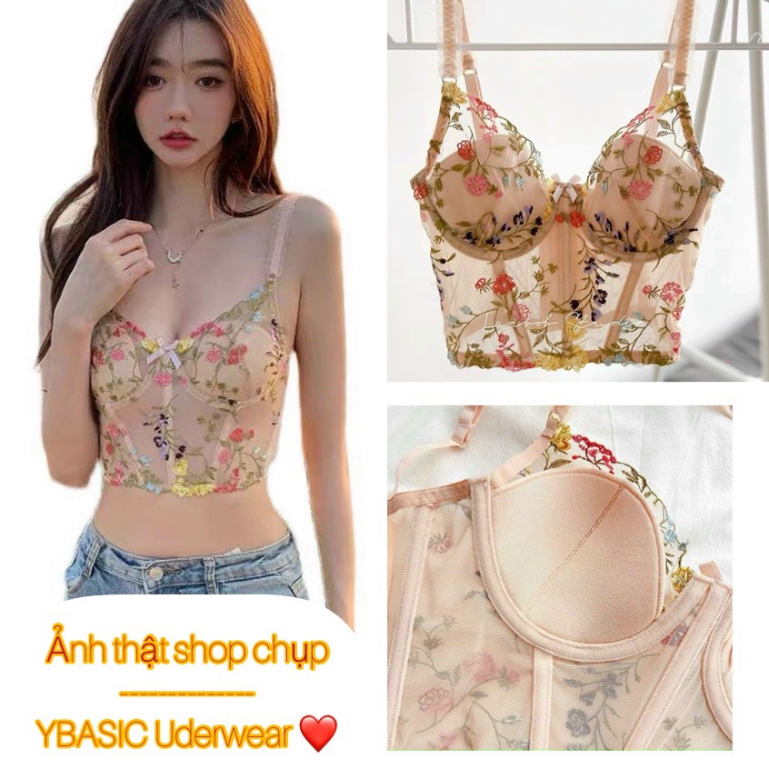 Áo Bra hai dây nữ thêu hoa dáng Vintage Có Gọng Nâng Ngực Sexy LUS đồ lót áo lót nữ A0356