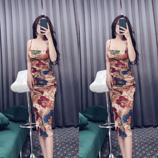 Váy Body Hai Dây Hoạ Tiết From Chuẩn Hàng Cao Cấp