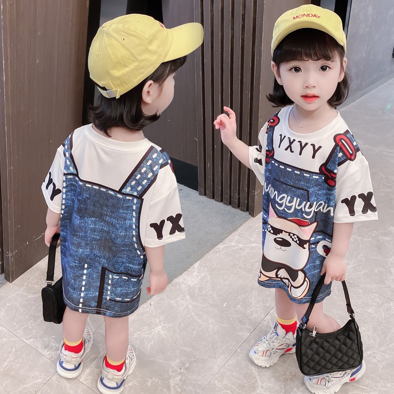 2021 bé gái áo phông dài tay Hàn Quốc mùa hè phong cách mới mặc váy 1--6 tuổi