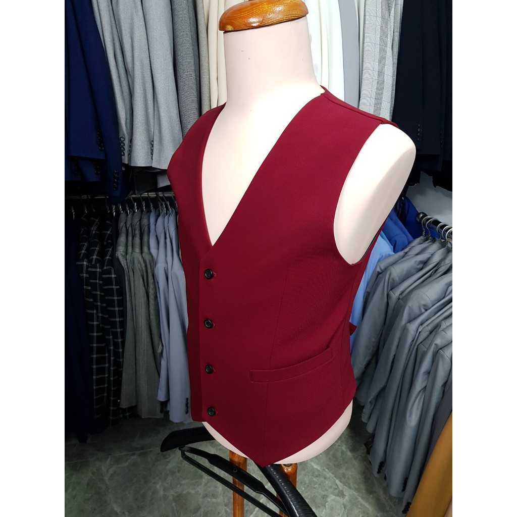 Bộ Vest Nam Ôm Body Màu Đỏ Đô + Áo Gile chất liệu vải dày mịn tặng cà vạt nơ