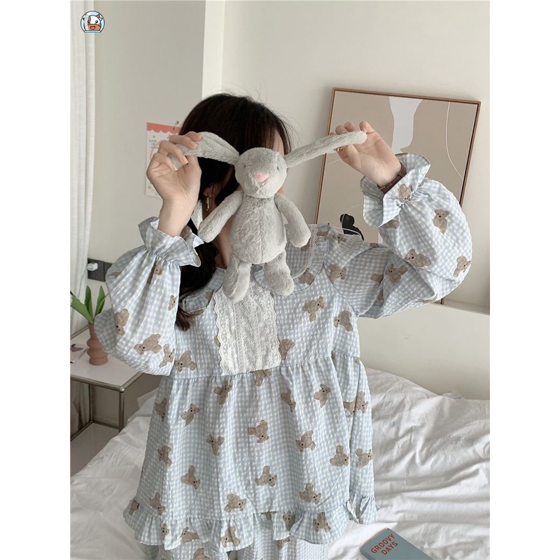 Bộ Đồ Ngủ Dài Tay Dáng Rộng In Hình Gấu Dễ Thương Thời Trang Mùa Xuân Thu Dành Cho Nữ Sinh