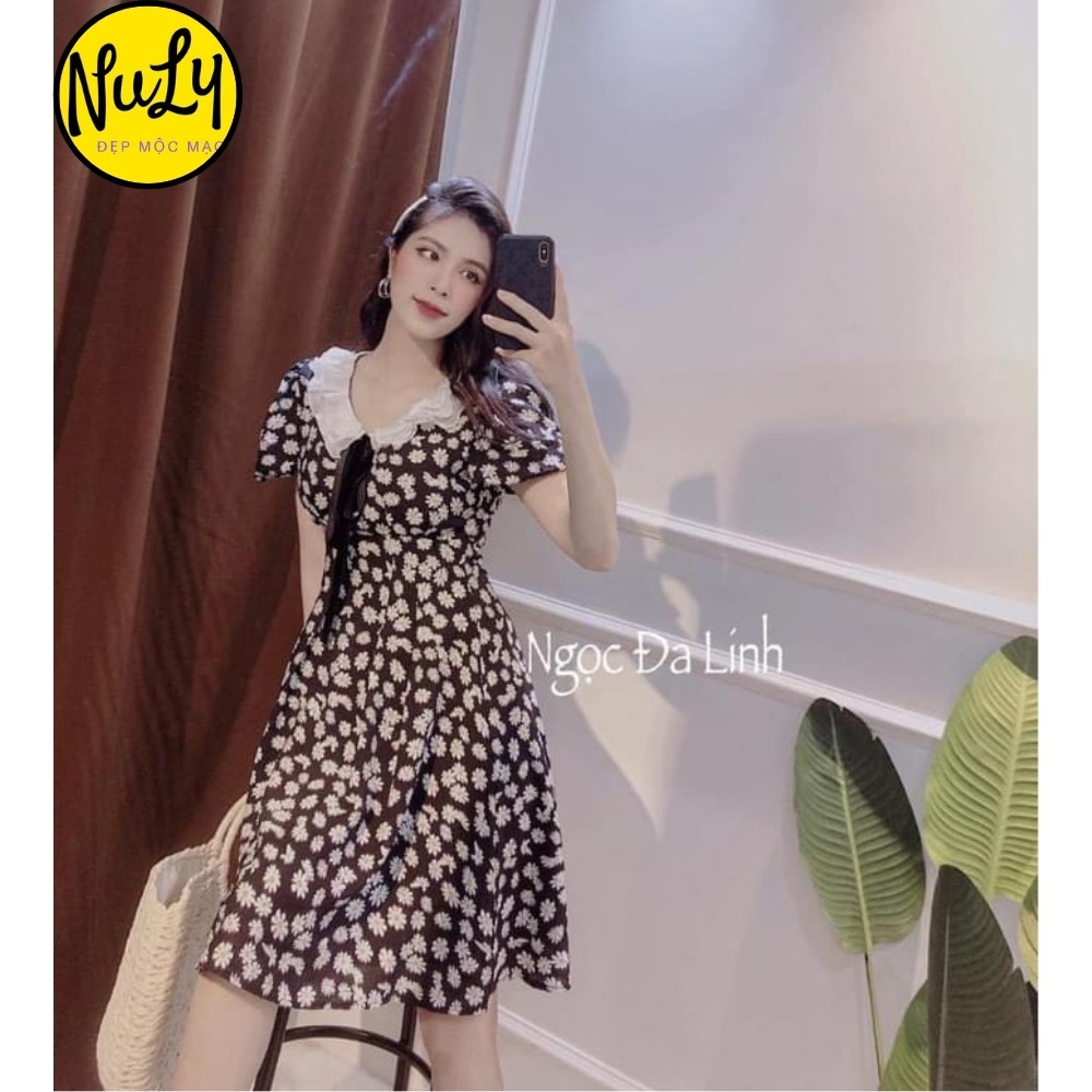 Váy Đầm Hoa Cúc Cổ Ren Tay Ngắn Dáng Dài Xòe,Váy Thiết Kế Hotrend Phong Cách Hàn Quốc Freesize<70kg | BigBuy360 - bigbuy360.vn