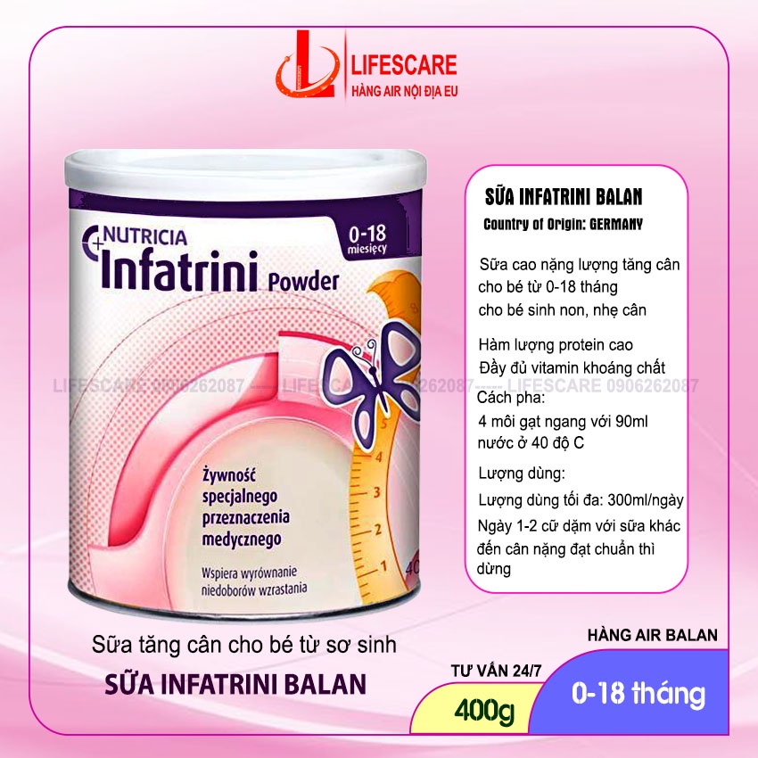 Sữa béo Infatrini Balan tăng cân cho bé nhẹ cân từ 0-18 tháng, hộp 400g-Lifescare