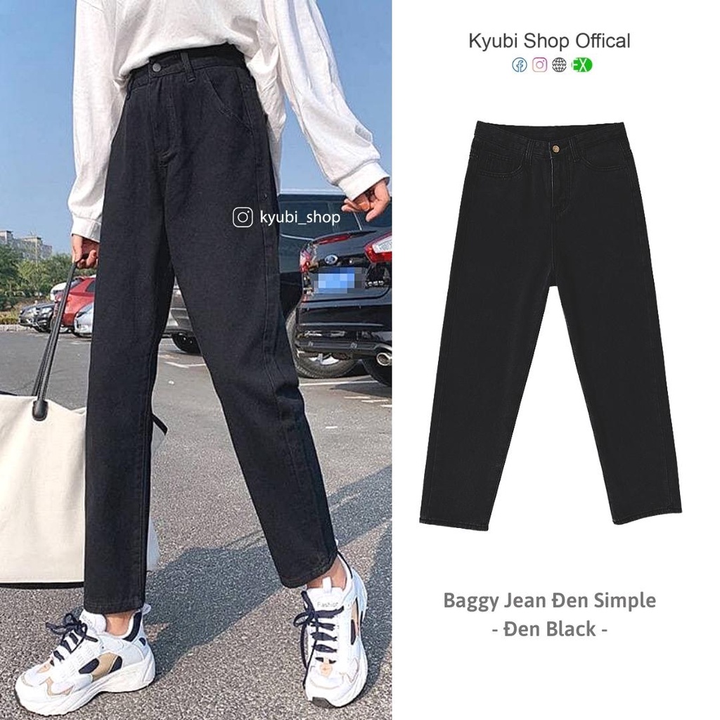 Quần jean baggy Đen nữ ulzzang Kyubi lưng cao chi tiết nắp đai và cắt lai tua cá tính - Baggy jean Kyubi BJR16D