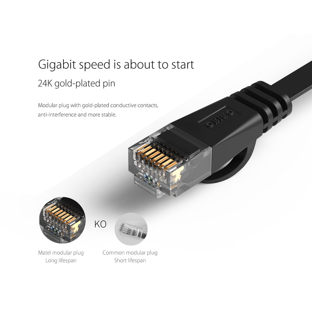Cáp mạng dẹp cao cấp CAT6 đúc 2 đầu Orico PUG-C6B-BK