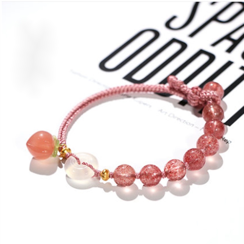 [Hàng Mới Về] Vòng Tay Bện Dây Đính Hạt Pha Lê Hồng Họa Tiết Trái Dâu / Đào Xinh Xắn Dành Cho Nữ