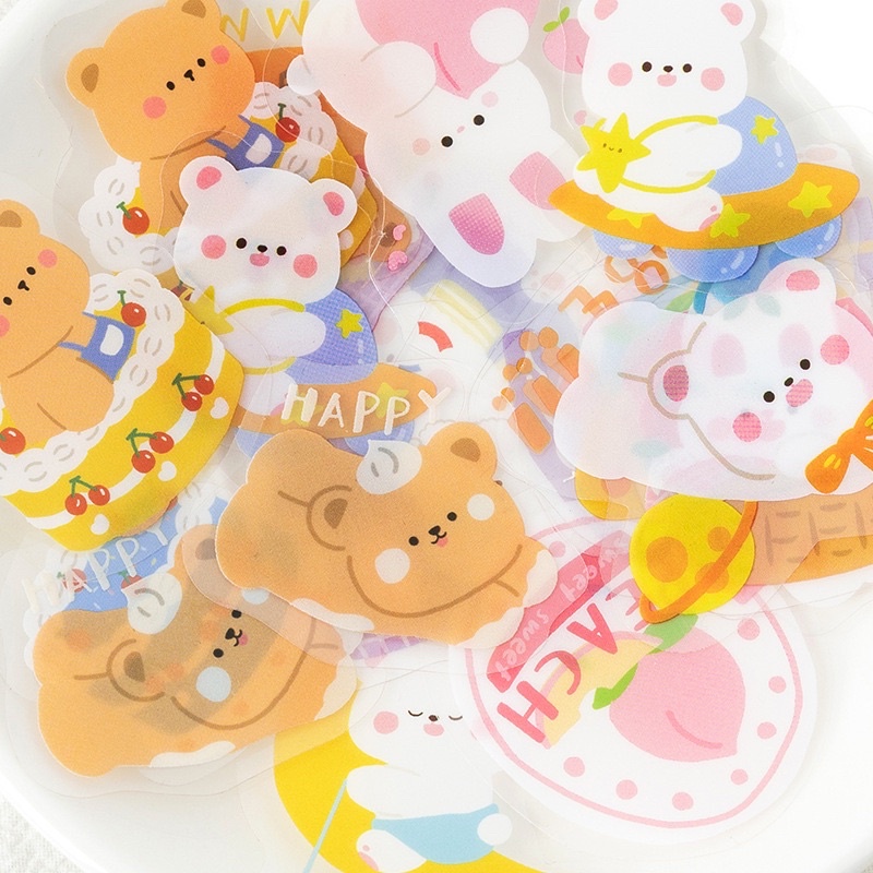 Set Sticker 40 Tấm Nhựa PVC Hình Gấu Thỏ Dễ Thương/ Túi Sticker Hình Gấu Dễ Thương