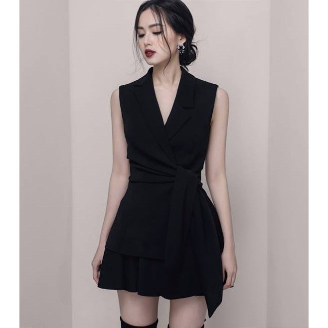 Chân Váy Xếp Ly Thời Trang Và Áo Kiểu Cổ Vest Cột Chéo Thanh Lịch Thời Thượng (Nguyên Bộ) VIP