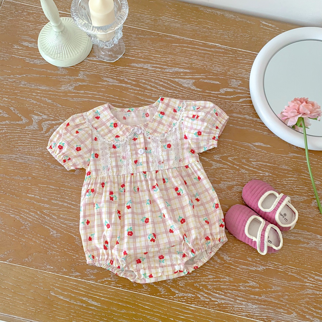 Bộ Áo Liền Quần Ngắn Tay Phối Ren In Hoa Thời Trang Mùa Hè Cho Bé Gái Sơ Sinh