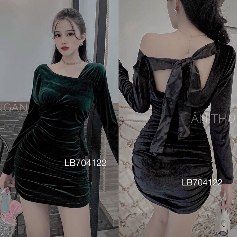 Đầm body nhung nhúng cột nơ lưng tay dài