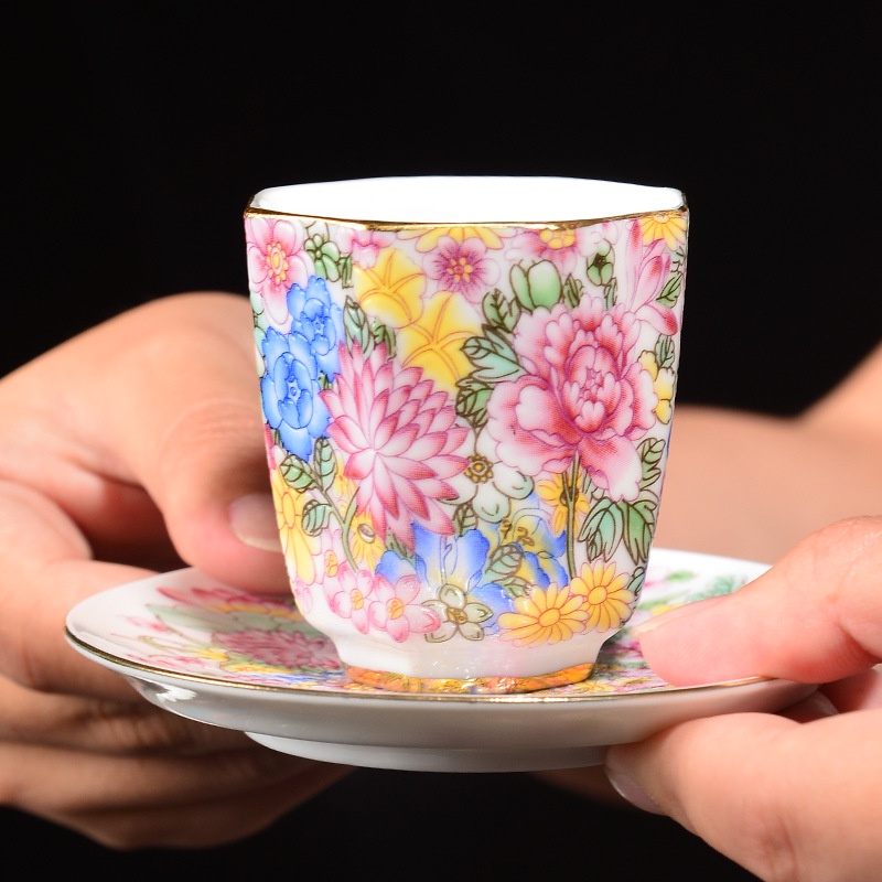 Chén Uống Trà Bằng Sứ Cảnh Đức Thanh Khiết Thấu Quang Tráng Men Pháp Lam Họa Tiết Hoa Mẫu Đơn