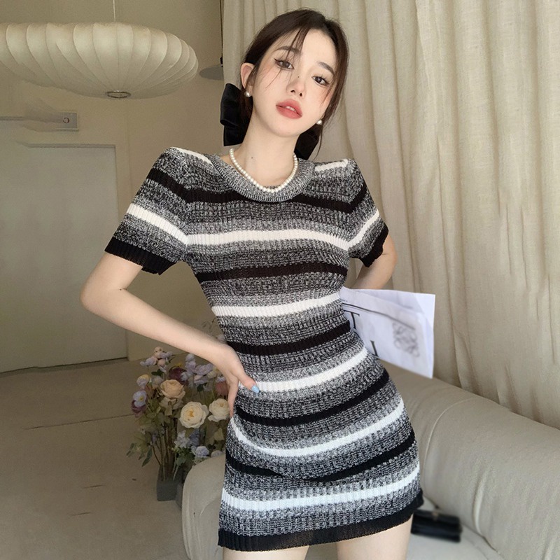 Đầm Dệt Kim Ngắn Tay Cổ Tròn Họa Tiết Kẻ Sọc Thời Trang Mùa Hè Retro Hàn Quốc Cho Nữ