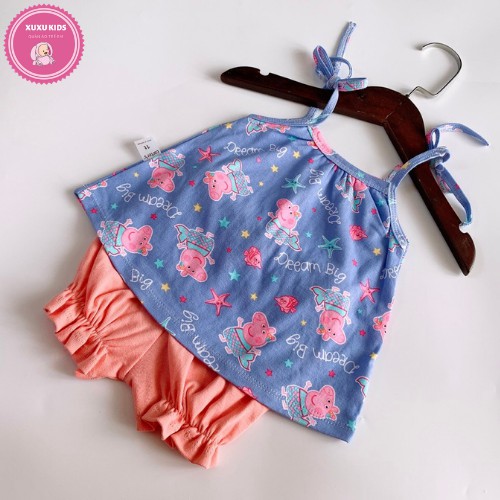 Quần áo trẻ em, bộ 2 dây quần zíp bèo Xu Xu Kids cho bé gái mặc mùa hè siêu mát size từ 6 đến 22kg
