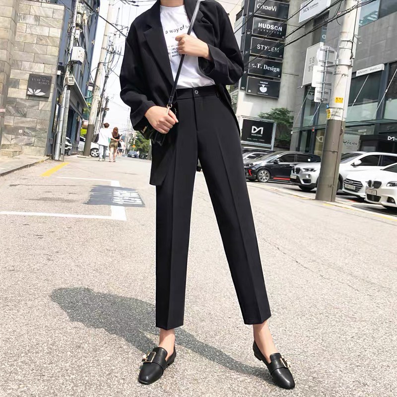 Quần tây baggy cạp lưng chun sau khóa kéo sườn hông màu đen dáng dài ống đứng - Mặc đi làm công sở học sinh đi học đẹp