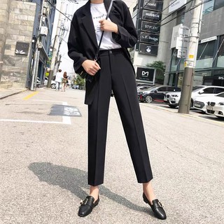 Quần tây baggy cạp lưng chun sau khóa kéo sườn hông màu đen dáng dài ống đứng - Mặc đi làm công sở học sinh đi học đẹp