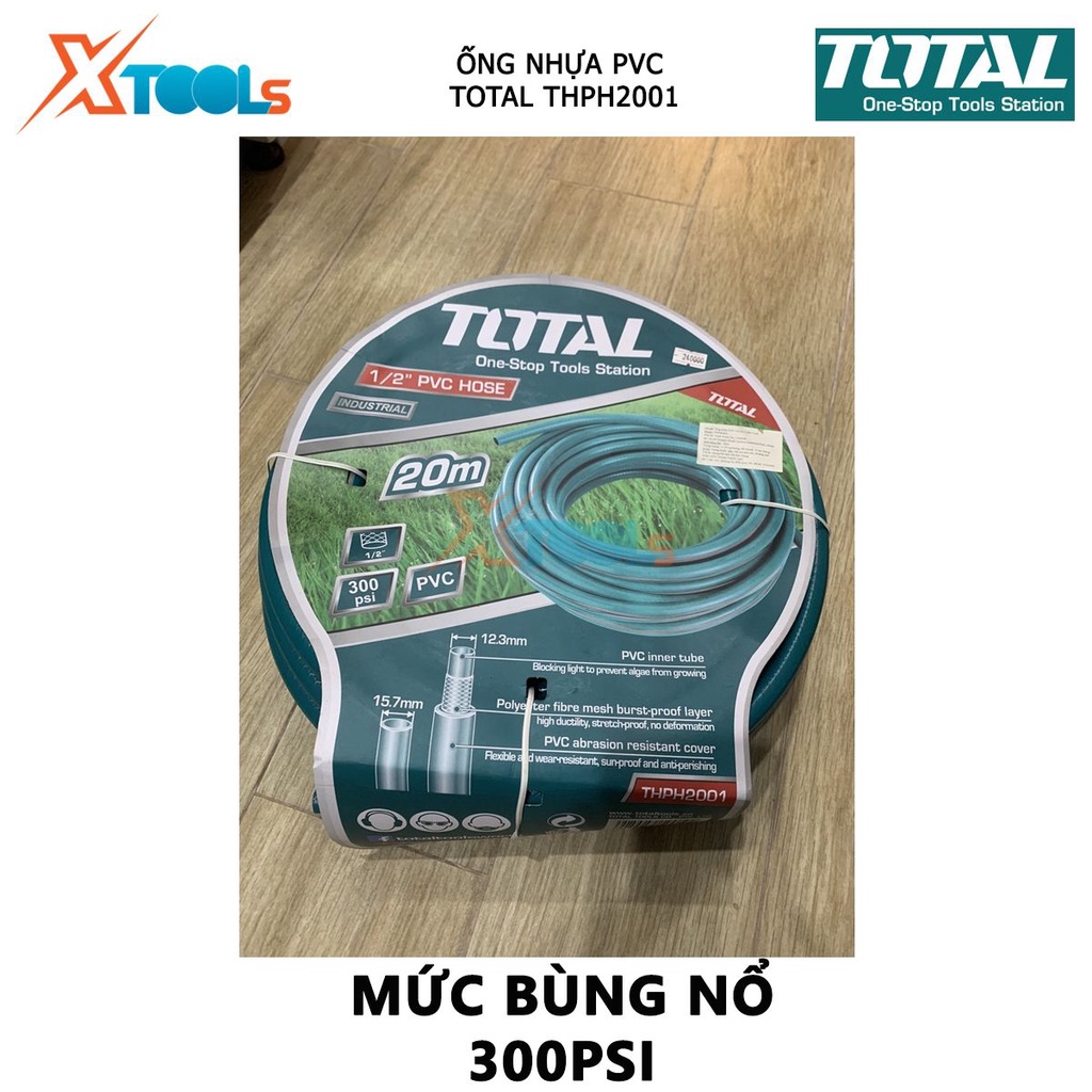 Ống nước vòi xịt PVC TOTAL THPH2001 dây dẫn nước Kích thước 20M x 1/2&quot;, mức Bùng nổ 300psi, lực kéo thử nghiệm 880N chốn