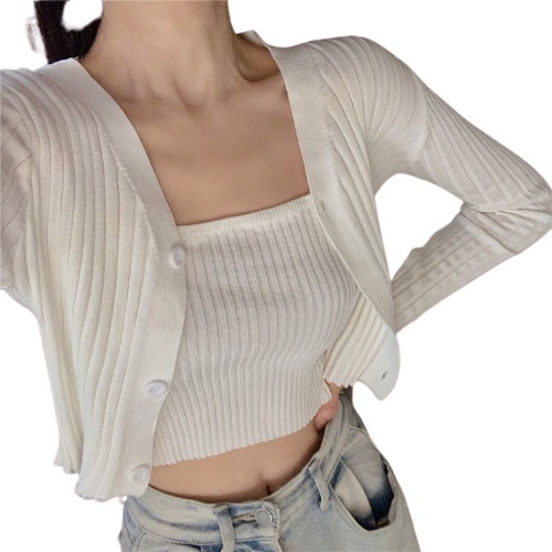 QKOOLE  Bộ áo hai dây và áo khoác cardigan ngắn dệt kim phong cách Hàn Quốc cho nữ